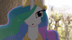 Size: 1280x720 | Tagged: safe, artist:stormxf3, character:princess celestia, animated, banana, banished, dark, do you like bananas?, flash, food, glowing horn, irl, looking at you, magic, photo, ponies in real life, sound, talking, to the moon, webm