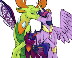 Size: 2500x2000 | Tagged: safe, artist:percy-mcmurphy, character:thorax, character:twilight sparkle, character:twilight sparkle (alicorn), oc, oc:alistair, parent:thorax, parent:twilight sparkle, parents:twirax, species:alicorn, species:changeling, species:changepony, species:pony, species:reformed changeling, ship:twirax, antennae, antlers, changeling king, colored sclera, crown, eyes closed, family, fangs, female, foal, horn, hybrid, hybrid wings, insect wings, interspecies offspring, jewelry, kissing, male, necklace, next generation, offspring, regalia, shipping, simple background, straight, trio, white background