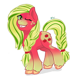 Size: 2500x2500 | Tagged: safe, artist:kiwiscribbles, character:applejack, species:earth pony, species:pony, g3, g5 leak, leak, applejack (g3), applejack (g5), female, one eye closed, redesign, simple background, solo, transparent background