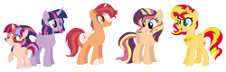 Size: 1503x478 | Tagged: safe, artist:thepegasisterpony, character:sunset shimmer, character:twilight sparkle, character:twilight sparkle (alicorn), oc, oc:twilight stardust, parent:sunset shimmer, parent:twilight sparkle, parents:sunsetsparkle, species:alicorn, species:pony, ship:sunsetsparkle, alicornified, alternate hairstyle, female, jewelry, lesbian, magical lesbian spawn, offspring, race swap, regalia, shimmercorn, shipping, simple background, transparent background