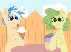 Size: 3000x2200 | Tagged: safe, artist:kiwiscribbles, oc, oc only, oc:kiwi scribbles, oc:vanilla daze, species:earth pony, species:pony, female, food, heart eyes, ice cream, male, mare, stallion, tongue out, wingding eyes
