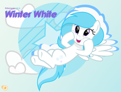 Size: 3250x2465 | Tagged: safe, artist:potato22, oc, oc only, oc:winter white, species:pony, cloud, female, mare, smiling, solo, text, vector