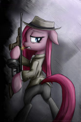 Size: 900x1353 | Tagged: safe, artist:rule1of1coldfire, character:pinkamena diane pie, character:pinkie pie, species:pony, bipedal, female, gangster, gun, smoking, solo, submachinegun, tommy gun