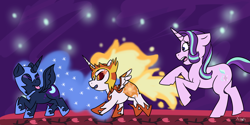 Size: 6000x3000 | Tagged: safe, artist:kiwiscribbles, character:daybreaker, character:nightmare moon, character:princess celestia, character:princess luna, character:starlight glimmer, episode:a royal problem, g4, my little pony: friendship is magic, chase, cute, diabreaker, female, filly, filly daybreaker, moonabetes, nightmare woon, younger