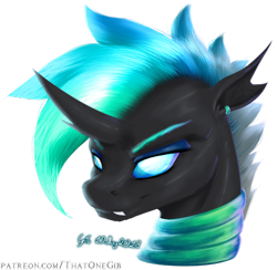 Size: 900x879 | Tagged: safe, artist:thatonegib, oc, oc:lingwave, species:changeling, bust, changeling oc, ear piercing, earring, eyelashes, eyeshadow, jewelry, looking at you, makeup, multicolored hair, neck rings, paint tool sai, paint tool sai 2, patreon link, piercing, portrait, signature, simple background, smiling, solo, teeth, transparent background