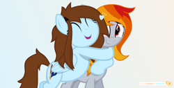 Size: 3733x1896 | Tagged: safe, artist:potato22, oc, oc only, oc:shinycyan, oc:tridashie, species:pegasus, species:pony, duo, eyes closed, female, hug, mare, simple background, smiling, vector