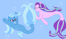 Size: 5000x3000 | Tagged: safe, artist:kiwiscribbles, character:starlight glimmer, character:trixie, species:pony, species:seapony (g4), ship:startrix, blue background, duo, female, lesbian, mare, seaponified, seapony starlight glimmer, seapony trixie, shipping, simple background, species swap