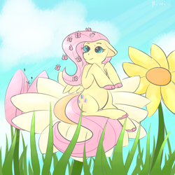 Size: 4000x4000 | Tagged: safe, artist:kiwiscribbles, character:fluttershy, species:pegasus, species:pony, butterfly, cute, female, flower, grass, mare, shyabetes, solo