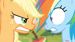 Size: 1280x720 | Tagged: safe, artist:brutalweather studio, character:applejack, character:rainbow dash, angry, apple, food, looking at each other, scared, show accurate, this will end in apple bucking, this will not end well, zap apple