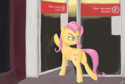 Size: 6000x4000 | Tagged: safe, artist:madgehog, character:fluttershy, species:pegasus, species:pony, absurd resolution, cyrillic, dock, exit, female, flutterbitch, folded wings, fuck the police, glass door, intruder, looking back, mare, metro, moral event horizon, moscow, no entry, plot, pure unfiltered evil, russian, smiling, smirk, solo, subway, underhoof, wings