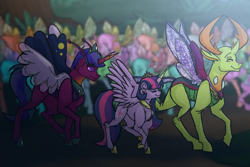 Size: 1800x1200 | Tagged: safe, artist:percy-mcmurphy, character:thorax, character:twilight sparkle, character:twilight sparkle (alicorn), oc, oc:alistair, parent:thorax, parent:twilight sparkle, parents:twirax, species:alicorn, species:changeling, species:changepony, species:pony, species:reformed changeling, ship:twirax, antennae, antlers, colored sclera, crowd, crown, cutie mark, eyes closed, family, female, horn, hybrid, hybrid wings, insect wings, interspecies offspring, jewelry, male, necklace, next generation, offspring, public, raised hoof, regalia, shipping, size difference, smiling, straight, trio