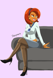 Size: 5330x7772 | Tagged: safe, artist:jeglegator, character:stellar flare, species:human, episode:the parent map, g4, my little pony:equestria girls, absurd resolution, clothing, couch, dreamworks face, equestria girls-ified, female, gesture, high heels, lipstick, milf, pantyhose, patting, purple background, red lipstick, shoes, simple background, solo, stellar milf