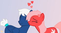 Size: 4633x2534 | Tagged: safe, artist:potato22, oc, oc:downvote, oc:snowy knight, species:pony, derpibooru, derpibooru ponified, dowy, eyes closed, female, kiss on the cheek, kissing, male, mare, meta, oc x oc, ponified, shipping, simple background, smooch, stallion, straight, vector
