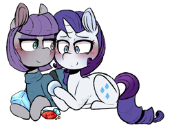 Size: 879x649 | Tagged: safe, artist:urbanqhoul, character:maud pie, character:rarity, species:earth pony, species:pony, species:unicorn, ship:rarimaud, blushing, female, lesbian, mare, shipping, simple background, transparent background
