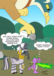 Size: 932x1314 | Tagged: safe, artist:pheeph, character:spike, character:zecora, species:bird, species:dragon, species:roc, species:zebra, episode:molt down, g4, my little pony: friendship is magic, fire, forest, gas mask, mask, salt shaker, scratching, signature, smelly, stone scales