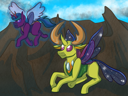 Size: 2000x1500 | Tagged: safe, artist:percy-mcmurphy, character:thorax, oc, oc:alistair, parent:thorax, parent:twilight sparkle, parents:twirax, species:alicorn, species:changeling, species:changepony, species:pony, species:reformed changeling, antennae, antlers, colored sclera, fangs, flying, foal, horn, hybrid, hybrid wings, insect wings, interspecies offspring, magic, male, mountain, offspring, smiling, telekinesis
