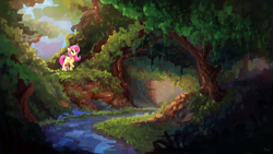 Size: 4000x2250 | Tagged: safe, artist:thefloatingtree, character:angel bunny, character:fluttershy, species:pegasus, species:pony, species:rabbit, commission, creek, female, forest, male, mare, outdoors, river, scenery, stream, water