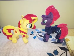 Size: 4160x3120 | Tagged: safe, artist:doctorkoda, character:sunset shimmer, character:tempest shadow, species:pony, my little pony: the movie (2017), my little pony:equestria girls, bed, cute, irl, looking at each other, photo, plushie, standing, toy