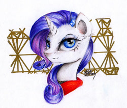 Size: 1024x870 | Tagged: safe, artist:lailyren, artist:moonlight-ki, character:rarity, species:pony, species:unicorn, bust, clothing, female, looking at you, mare, solo, traditional art
