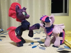 Size: 4160x3120 | Tagged: safe, artist:doctorkoda, character:tempest shadow, character:twilight sparkle, character:twilight sparkle (alicorn), species:alicorn, species:pony, my little pony: the movie (2017), 4de, bed, boop, cute, female, irl, photo, plushie, room, standing, window
