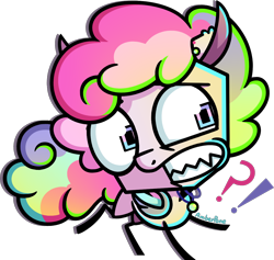Size: 1214x1151 | Tagged: safe, artist:amberpone, oc, oc:gameboy glitch, species:bat pony, species:pony, bat pony oc, big head, colorful, commission, curly hair, cute, digital art, exclamation point, eyes open, fullbody, interrobang, invader zim, jewelry, jhonen vasquez style, lighting, male, necklace, paint tool sai, pink, question mark, shading, simple background, stallion, standing, teeth, transparent background, wings