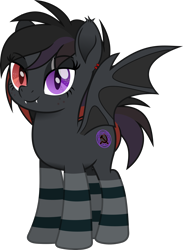 Size: 1409x1925 | Tagged: safe, artist:peahead, oc, oc only, oc:fire blade, species:bat pony, species:pony, clothing, ear fluff, ear piercing, female, freckles, hammer and sickle, heterochromia, lidded eyes, looking at you, mare, movie accurate, piercing, scar, simple background, sitting, smiling, socks, solo, striped socks, transparent background, vector