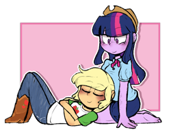 Size: 692x526 | Tagged: safe, artist:urbanqhoul, character:applejack, character:twilight sparkle, ship:twijack, g4, my little pony: equestria girls, my little pony:equestria girls, accessory swap, blushing, clothing, cute, eyes closed, female, head on lap, lesbian, shipping, simple background, smiling, transparent background