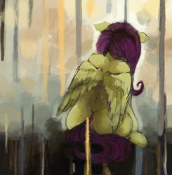 Size: 1953x1992 | Tagged: safe, artist:misstwipietwins, character:fluttershy, species:pegasus, species:pony, back, female, floppy ears, mare, rear, rear view, reflection, sad, sitting, solo, surreal, wings