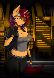 Size: 4500x6500 | Tagged: safe, artist:redwix, oc, oc only, oc:sweet voltage, species:anthro, species:pony, species:unicorn, absurd resolution, anthro oc, backpack, breasts, city, cityscape, cleavage, clothing, digital art, female, fingerless gloves, gloves, goggles, mare, nail polish, night, sexy, sinfully sexy, solo