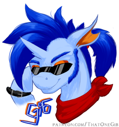 Size: 900x957 | Tagged: safe, artist:thatonegib, oc, oc:gib, species:changeling, species:reformed changeling, bandana, belt, belt buckle, changedling oc, hoofband, looking at you, patreon, patreon link, ponytail, signature, simple background, solo, sunglasses, transparent background, wristband