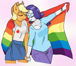 Size: 720x624 | Tagged: safe, artist:eulicious, character:applejack, character:rarity, species:anthro, ship:rarijack, eyes closed, female, gay pride flag, holding hands, lesbian, pride, pride flag, pride month, shipping, simple background