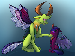 Size: 2732x2048 | Tagged: safe, artist:percy-mcmurphy, character:thorax, oc, oc:alistair, parent:thorax, parent:twilight sparkle, parents:twirax, species:alicorn, species:changeling, species:changepony, species:pony, species:reformed changeling, antennae, antlers, colored sclera, foal, gradient background, horn, hybrid, hybrid wings, interspecies offspring, offspring, sad, sitting, smiling