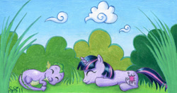 Size: 1457x767 | Tagged: safe, artist:alipes, character:spike, character:twilight sparkle, baby, baby dragon, baby spike, filly, filly twilight sparkle, foal, mama twilight