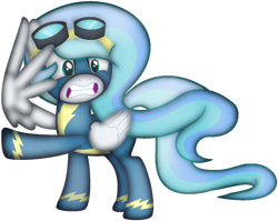 Size: 1024x815 | Tagged: safe, artist:leanne264, base used, oc, oc:skyfall, parent:princess celestia, species:pegasus, species:pony, clothing, female, goggles, mare, offspring, simple background, solo, transparent background, uniform, wing hands, wonderbolts uniform