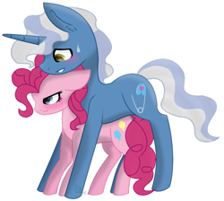 Size: 1024x917 | Tagged: safe, artist:leanne264, character:pinkie pie, character:pokey pierce, species:pony, ship:pokeypie, blushing, floppy ears, male, misleading thumbnail, shipping, simple background, size difference, straight, transparent background, unamused