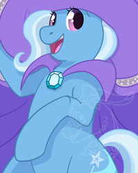 Size: 800x1000 | Tagged: safe, artist:darkodraco, character:trixie, species:pony, species:unicorn, cape, clothing, cutie mark, female, happy, hat, looking at you, mare, open mouth, smiling, solo, standing, trixie's cape, trixie's hat