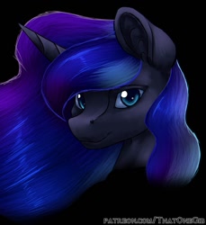 Size: 1024x1116 | Tagged: safe, artist:thatonegib, character:princess luna, species:alicorn, species:pony, black background, ethereal mane, female, horn, livestream, looking at you, patreon, patreon link, simple background, solo