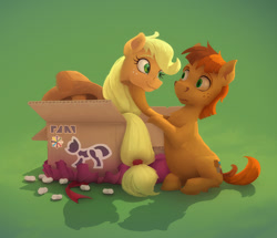 Size: 1386x1191 | Tagged: safe, artist:gor1ck, character:applejack, oc, oc:wit ray, species:earth pony, species:pony, box, cardboard box, clothing, confused, cowboy hat, doll, female, hat, head, looking at each other, male, mare, modular, packing peanuts, sitting, smiling, stallion, stetson, toy