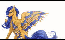 Size: 2100x1300 | Tagged: safe, artist:rossignolet, character:flash sentry, species:pegasus, species:pony, bedroom eyes, cutie mark, ear piercing, earring, flare warden, jewelry, piercing, rule 63, simple background, solo, spread wings, tattoo, watermark, white background, wings