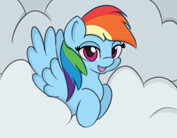 Size: 840x656 | Tagged: safe, artist:treekickerdraws, character:rainbow dash, species:pegasus, species:pony, art challenge, cloud, cute, dashabetes, female, looking at you, manechat challenge, mare, smiling