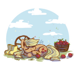 Size: 1212x1012 | Tagged: safe, artist:amy-gamy, character:applejack, species:earth pony, species:pony, apple, barrel, boots, cute, female, food, hatless, jackabetes, mare, missing accessory, shoes, sleeping, solo