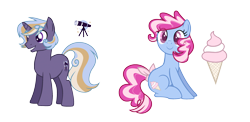 Size: 3240x1584 | Tagged: safe, artist:thepegasisterpony, oc, oc only, oc:somnium, oc:sugarsweet, parent:pinkie pie, parent:tempest shadow, parent:trixie, parent:twilight sparkle, parents:tempestlight, parents:trixiepie, species:earth pony, species:pony, species:unicorn, female, magical lesbian spawn, male, mare, offspring, simple background, stallion, transparent background