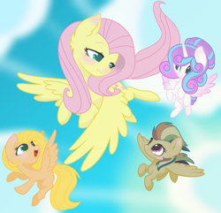 Size: 1024x988 | Tagged: safe, artist:leanne264, base used, character:fluttershy, character:princess flurry heart, oc, oc:star dash, oc:sweet apple, parent:big macintosh, parent:fluttershy, parent:quibble pants, parent:rainbow dash, parents:fluttermac, parents:quibbledash, species:pegasus, species:pony, female, filly, flying, offspring, older