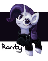 Size: 1024x1297 | Tagged: safe, artist:amy-gamy, character:rarity, species:pony, species:unicorn, abstract background, bust, clothing, female, hoodie, portrait, solo