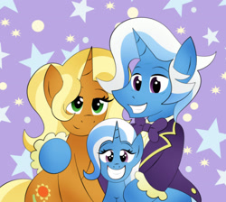 Size: 2275x2034 | Tagged: safe, artist:poseidonathenea, idw, character:jack pot, character:sunflower spectacle, character:trixie, g4, abstract background, couple, cute, diatrixes, family, family photo, female, filly, jacktacle, male, shipping, smiling, straight, trio, trixie's family, trixie's parents, younger