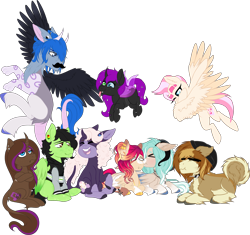 Size: 3829x3602 | Tagged: safe, artist:sweethearttarot, oc, oc only, species:changeling, species:draconequus, species:pegasus, species:pony, species:unicorn, beanie, changeling oc, clothing, collar, cutie mark, dab, disney, draconequus oc, facial hair, hat, laughing, moustache, piercing, rastafari, simple background, smiling, tongue out, transparent background, wolf pony