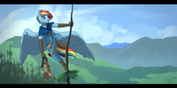 Size: 1024x512 | Tagged: safe, artist:joan-grace, character:rainbow dash, species:anthro, species:pegasus, species:pony, species:unguligrade anthro, alternate hairstyle, alternate universe, boots, clothing, cloud, female, forest, mare, mountain, pants, scenery, shirt, shoes, sky, solo, tree