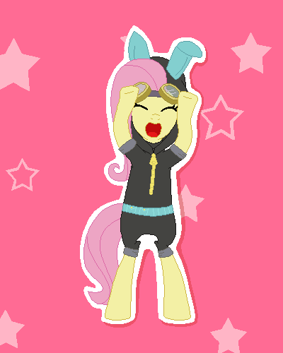 Size: 400x500 | Tagged: safe, artist:tomdantherock, part of a set, character:fluttershy, species:pegasus, species:pony, animated, bipedal, bunny ears, caramelldansen, clothing, cute, dangerous mission outfit, eyes closed, female, goggles, hoodie, loop, mare, open mouth, shyabetes, smiling, solo