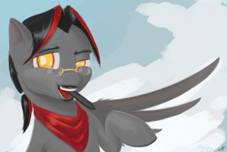 Size: 6000x4000 | Tagged: safe, artist:madgehog, oc, ponysona, species:pegasus, species:pony, cute, glasses, happy, looking at you, male, mustang, open mouth, solo, stallion, teeth, tongue out, wacom stylus, wings