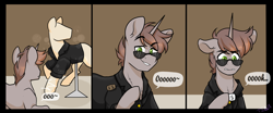 Size: 2048x853 | Tagged: safe, artist:twisted-sketch, oc, oc:order compulsive, species:pony, species:unicorn, clothing, comic, gray, green eyes, jacket, male, mannequin, reaction, shopping, solo, sticker shock, sunglasses